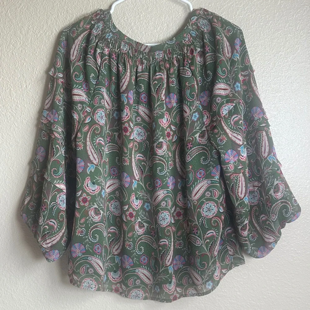 LOFT‎ Green Paisley Boho Smocked Neck Puff Sleeve Blouse Floral Top Women Size L